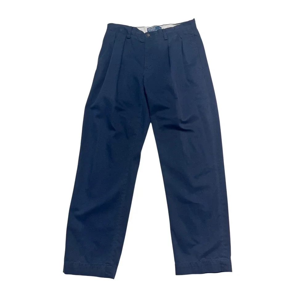 vtg 90s Polo Ralph Lauren 31x30 Navy Blue Ethan Pants Chino Cotton Pleated Mens
